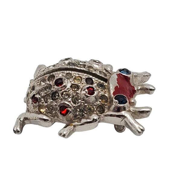 Vintage Coro Ladybug Perfume Sachet Brooch Rhinestone Tiny Bug Pin Silver Tone - Picture 3 of 11